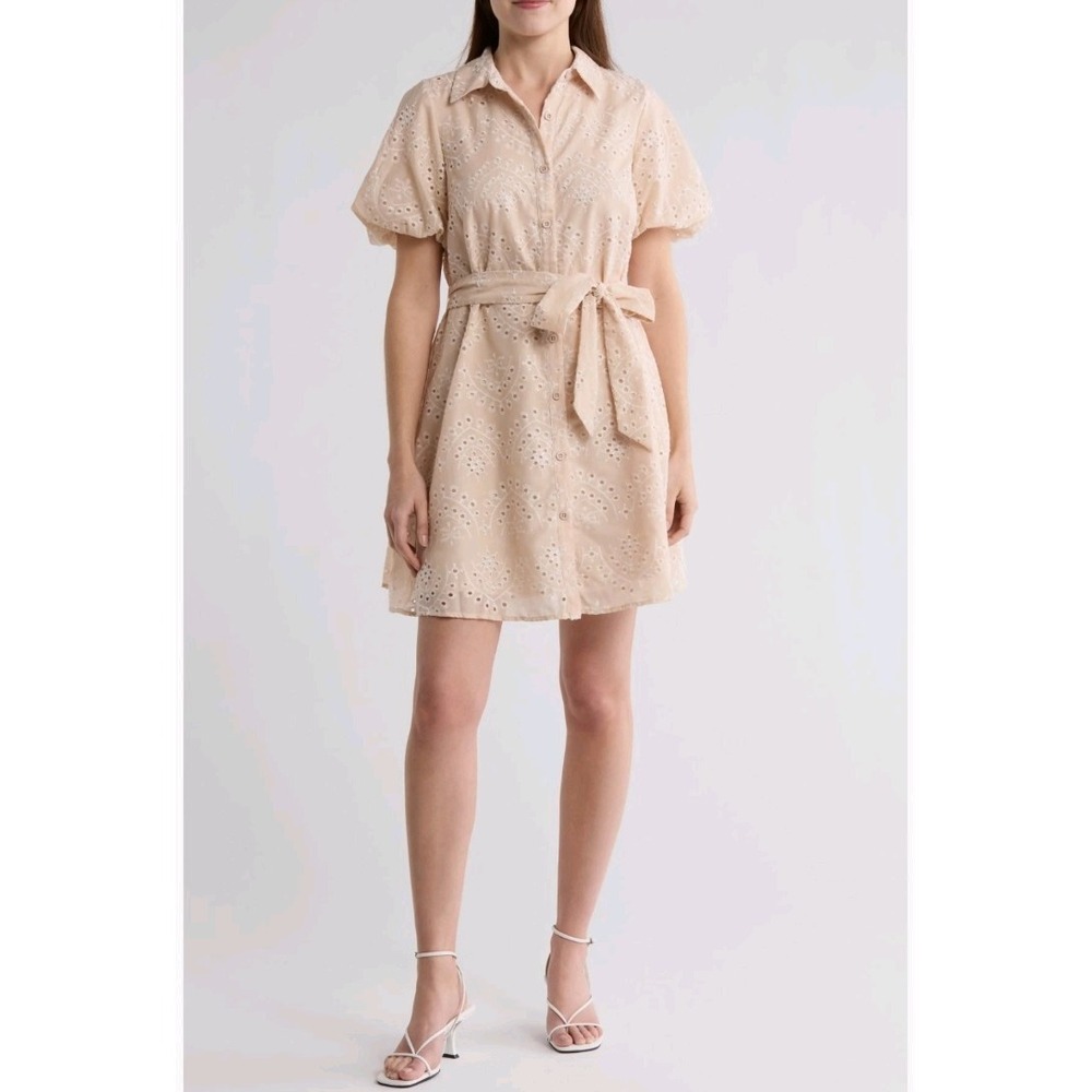 Sam Edelman Dress Womens 8 Natural Eyelet Puffed Balloon Sleeves Lined Belted